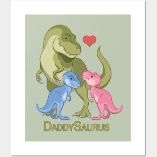 DaddySaurus T-Rex Father & Twin Boy Girl Dinosaurs Posters and Art